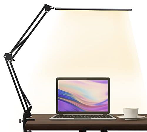 LED Desk Lamp,brightower Adjustable Swing Arm Table Lamp with Clamp,Eye-Caring Architect Desk Light,Dimmable Lamp for Home Office with USB,3 Lighting Modes with 10 Brightness Levels,12W (Black)